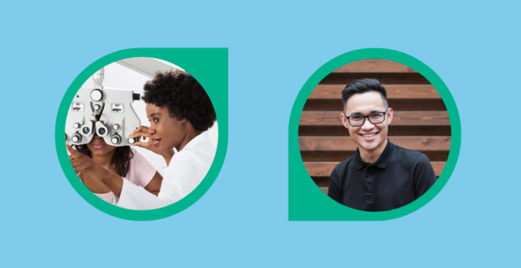 Photos of 2 people within a circle with a tip - similar shape to items used at an optician during a test.