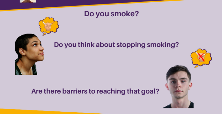 The image contains the questions: Do you smoke? Do you think about stopping smoking? Is there anything that stops you reaching that goal? The questions are accomanied by photos, one of a person looking up to a thought bubble containing a graphic of a fist crushing a cigarette and a second photo of someone with a thought bubble with the same graphic but with a red cross through it. At the top of the image is the Luminus logo and at the bottom the Luminus strapline: Shining a light on what matters to people.
