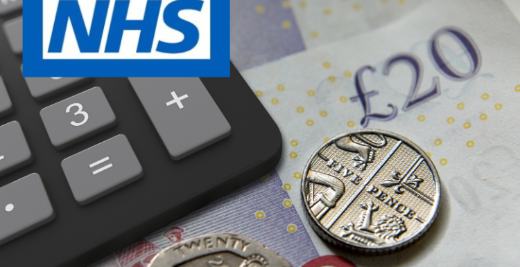 A photo of some money (notes and coins) with a calculator resting on top. In the top left corner is the NHS logo. 