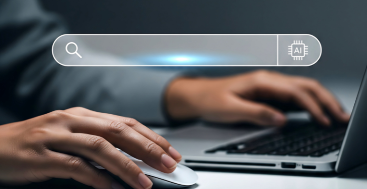 Background of the photo shows a persons hands on a laptop keyboard. In the forgrpund is a search bar with an AI graphic to the right.