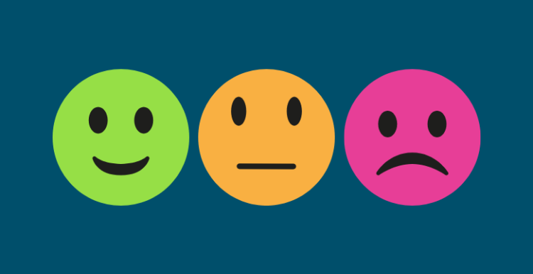 Image has 3 graphics of faces on it: On the left a happy face in lime green, in the middle a neutral face in amber, and to the right an unhappy face in dark pink.