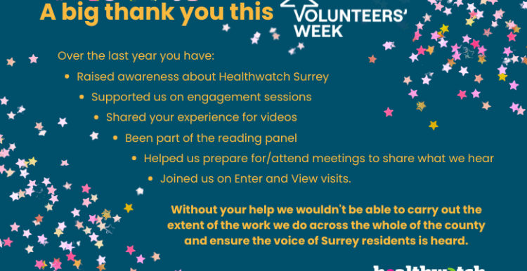 Image of our volunteer week thank you card. The background is a deep blue with deep yellow writing. Around the writing are tiny stars, mainly in the top right and bottom left of the image. The wording on teh card is in the news post.