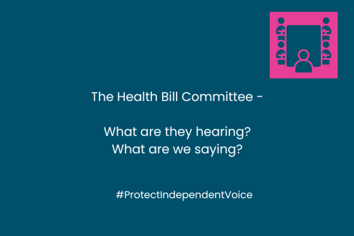 In the centre of the image are the words: The Health Bill Committee -  What are they hearing? What are we saying? #ProtectIndependentVoice. In the topright hand corner is a graphic of a committee (people sitting around a large table with one person at the end of the table).