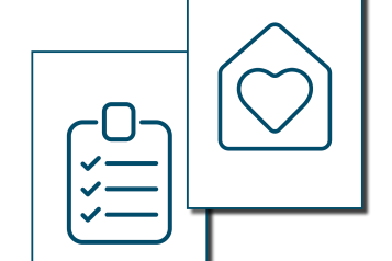 2 icons, on the left is a clipboard with ticks, to the right is a home with a heart in it