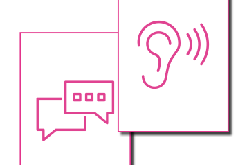 2 icons, on the left is 2 speech bubbles, on the right is an ear with sound waves beside it