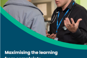 A man wearing a black shirt and NHS lanyard speaking to another gentleman. Text reads Maximising learning from complaints. What can we learn from Surrey Independent Health Complaints Advocacy (IHCA) Service? December 2022. In the bottom right hand corner is the Healthwatch Surrey logo.