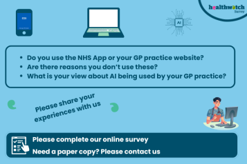 The main text in the image reads: Do you use the NHS App or your GP practice website? Are there reasons you don’t use these? What is your view about AI being used by your GP practice? Please share your experiences with us. Please complete our online survey: Need a paper copy? Please contact us. Around the text are icons of the NHS App on a mobile phone, a computer screen, an AI image, a GP sitting at a screen and an online survey.