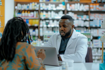 A pharmacist is looking at their laptop whilst a person is sat across the countr from them. Behind them are rows of medication packages