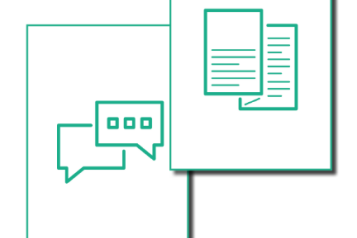 The image shows 2 boxes, one contains a icon of a report, the other an icon of speech bubbles