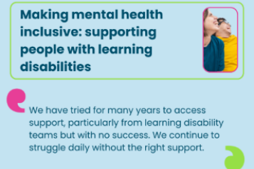The image shows the title Making mental health inclusive: supporting people with learning disabilities. Next to the title is an image of a man and a woman smiling. Below the title in quotation marks is the quote we have tried for many years to access support, particularly from learning disability teams but with no success. We continue to struggle daily without the right support. Below the quote in bold text Read the report on our website. In the top right hand corner is the Healthwatch Surrey logo.