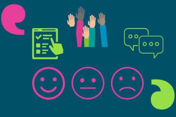 On a dark blue image there are various icons arranged in 2 rows - on the top row an online survey, hands raised in the air and speech bubbles; on the bottom row a happy face, a neutral face and a sad face. To the top left corner and bottom right corner are the Healthwatch Surrey speech marks.