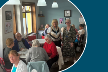 The Healthwatch Surrey logo is in the top right hand corner of the image. In the bottom right hand corner is the title of the report and central to the image is a photo of two ladies smiling at the camera standing in a café filled with people.