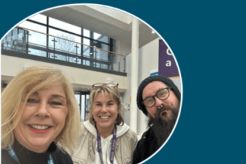 In the top right hand corner is the Healthwatch Surrey Logo. In the centre of the image is a photo, in the shape of a speech mark. The image shows 2 women and one man smiling at the camera. In the bottom right hand corner is the title Quarterly Impact report January to March 2025