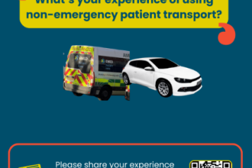 In the top left hand corner of the image is the Healthwatch Surrey logo. In the centre of the image is a yellow text box with the text What's your experience of using non-emergency patient transport? Below the text box is an image of a car and an patient transport vehicle. At the bottom of the image is a text box with the text Please share your experience via our short survey with a link to the survey and a QR code.