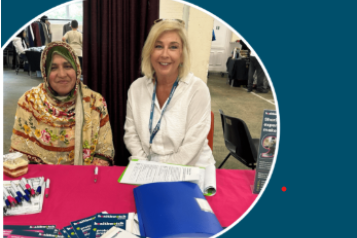 The image shows a photo of two women smiling towards the camera. The name of the report is in the bottom right hand corner of the image and the Healthwatch Surrey logo is in the top right hand corner of the image