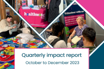 The image shows four different photos from our community engagement with the report title in the centre of the image. In the top right hand corner of the image is the Healthwatch Surrey logo.