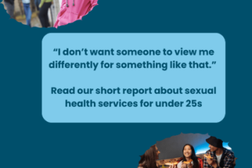 In the top left hand corner of the image is a photo of a teenage girl looking in to the camera. In the centre of the image is a quote from the report and the title of the report in a blue text box. In the bottom right hand corner of the image is a photo of a group of young people laughing and eating pizza. In the top right hand corner of the image is the Healthwatch Surrey Logo.