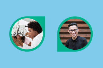 Photos of 2 people within a circle with a tip - similar shape to items used at an optician during a test.
