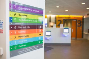 Photo of  wall with signage to different hospital areas - each level is shown in a bright colour. In the background is a reception desk