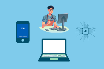 Icons of a GP looking at a screen, a phobe showing the NHS App, a laptop and a square with the letters AI in it and different lines coming from it.