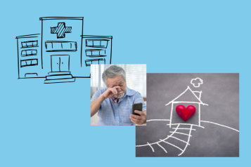 In the top left of the image is a hospital, in the middle an photo of a man holding his phone and rubbing his eyes, and in the bottom right a chalk drawing of a home with a heart in the centre.