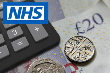 A photo of some money (notes and coins) with a calculator resting on top. In the top left corner is the NHS logo. 