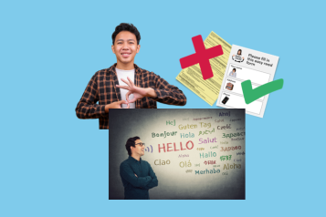 Compilation of photos - one showing someone using sign language, another with Easy Read documents and another with a white board with Hello written in many different languages.