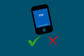 Phone showing the NHS App. Underneath are a green tick and a red cross.