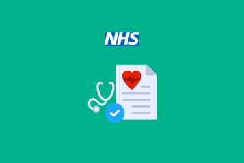 In the centre of the image is the NHS logo and beneath that a graphic of a piece of paper with a heart image and writing, beside which is a stethoscope. Underneath is a blue circle with a tick in it.