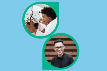 On a pale blue background are two photos - one of is of someone having a sight test, the other with someone weraing glasses. Both photos are in a shapre presenting the cover for one eye used at sight tests.
