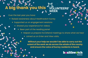 Image of our volunteer week thank you card. The background is a deep blue with deep yellow writing. Around the writing are tiny stars, mainly in the top right and bottom left of the image. The wording on teh card is in the news post.