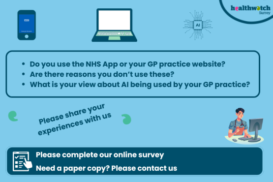 The main text in the image reads: Do you use the NHS App or your GP practice website? Are there reasons you don’t use these? What is your view about AI being used by your GP practice? Please share your experiences with us. Please complete our online survey: Need a paper copy? Please contact us. Around the text are icons of the NHS App on a mobile phone, a computer screen, an AI image, a GP sitting at a screen and an online survey.