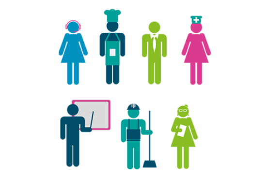 Icons of people in different roles (one has a chef hat on, one is pointing to a white board, one is a nurse etc)
