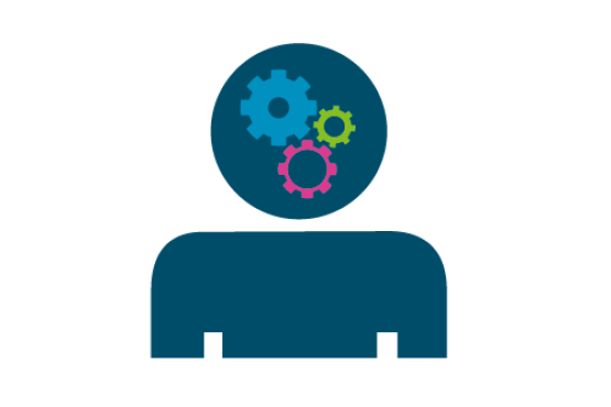 Icon of head and shoulders, there are 3 differnt colour and size cogs inside the head.