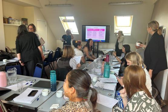 A group of people sitting around a horseshoe of tables. They are looking towards a screen at the other end of the room where one of our Insight and Engagement Officers is presenting. 