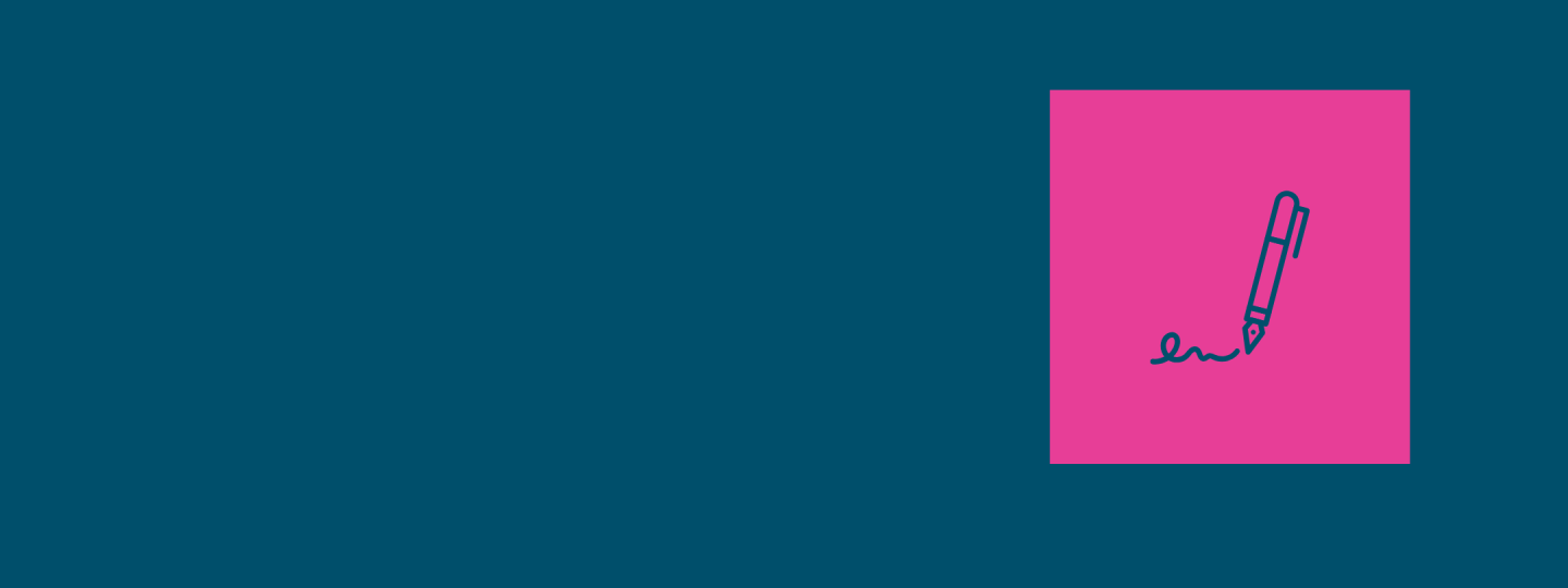 An icon of a pen is set against a pink square background.