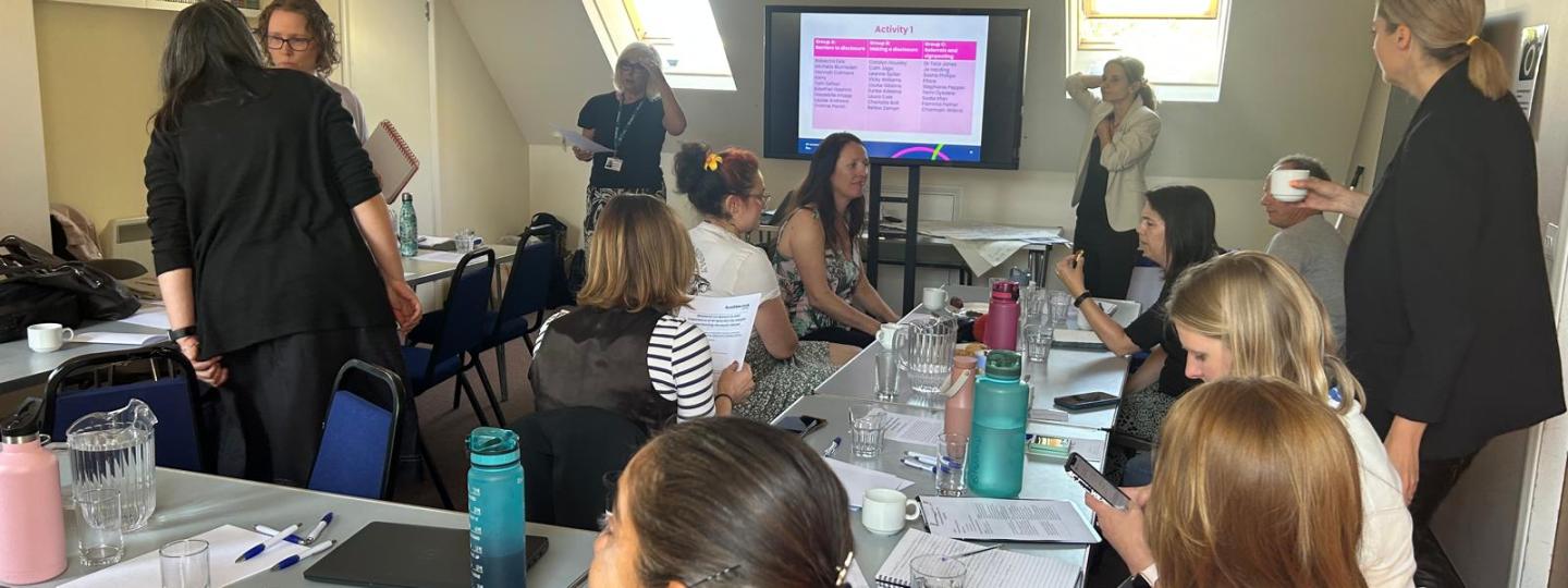 A group of people sitting around a horseshoe of tables. They are looking towards a screen at the other end of the room where one of our Insight and Engagement Officers is presenting. 