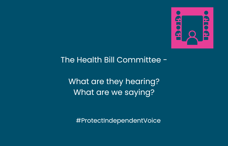In the centre of the image are the words: The Health Bill Committee -  What are they hearing? What are we saying? #ProtectIndependentVoice. In the topright hand corner is a graphic of a committee (people sitting around a large table with one person at the end of the table).