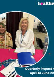 The image shows a photo of two women smiling towards the camera. The name of the report is in the bottom right hand corner of the image and the Healthwatch Surrey logo is in the top right hand corner of the image