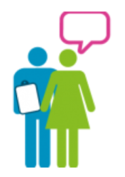 The image shows a graphic of a person holding a clip board and a person speaking with a speech bubble above their head