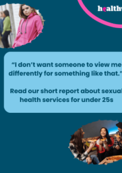 In the top left hand corner of the image is a photo of a teenage girl looking in to the camera. In the centre of the image is a quote from the report and the title of the report in a blue text box. In the bottom right hand corner of the image is a photo of a group of young people laughing and eating pizza. In the top right hand corner of the image is the Healthwatch Surrey Logo.
