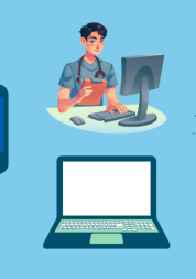 Icons of a GP looking at a screen, a phobe showing the NHS App, a laptop and a square with the letters AI in it and different lines coming from it.