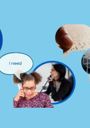 Top left of the image is a photo of a GP (person wearing a stethoscope) talking to a patient. In the middle of the image is a person talking on the phone, she has a speech bubble above her that says 'I need'. Just to the right of her is a circle with a photo of another person talking on the phone. To the right are 3 speech bubbles, each containing a photo: 1. of Braille, 2 of Easy Read, 3 of a ramp and rails.