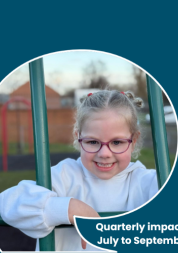 The front page of the impace report. A photo shows a young child wearing glasses. She is outside holding onto the rung of a climbing frame.