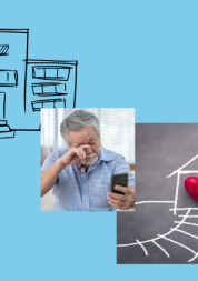 In the top left of the image is a hospital, in the middle an photo of a man holding his phone and rubbing his eyes, and in the bottom right a chalk drawing of a home with a heart in the centre.