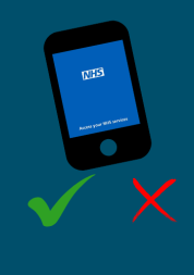 Phone showing the NHS App. Underneath are a green tick and a red cross.