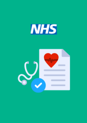 In the centre of the image is the NHS logo and beneath that a graphic of a piece of paper with a heart image and writing, beside which is a stethoscope. Underneath is a blue circle with a tick in it.