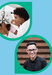 On a pale blue background are two photos - one of is of someone having a sight test, the other with someone weraing glasses. Both photos are in a shapre presenting the cover for one eye used at sight tests.