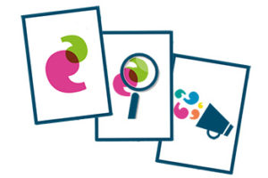 Icons of Speech marks, a magnifying glass and a mega phone
