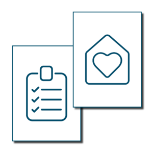 2 icons, the first one showing a clip board and the second one a house with a heart in it.